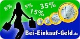 Silhouette einer Frau mit Einkaufstaschen und Euro-Münzen, Text: "Bei-Einkauf-Geld.de" und Rabatte.