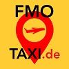 Gelbes Logo mit rotem Pin und Flugzeugsymbol, Text: FMO TAXI.de.