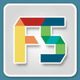 Colorful geometric "F5" logo on a gray background with a blue border.