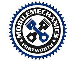 Logo of Mobile Mechanics Fort Worth with blue gear and engine pistons.