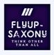 Logo mit stilisiertem Text: "FLYUP-SAXONY" und "THINK OTHER THAN ALL" auf violettem Hintergrund.