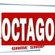 Rotes Logo mit weißem "OCTAGON" und kleinem "GAME SHOP" darunter, blauer Rahmen im Hintergrund.
