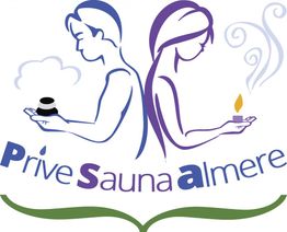 Twee gestileerde figuren met sauna-accessoires, tekst: "Prive Sauna Almere".