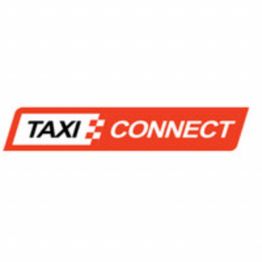 Logo van Taxi Connect in rood en wit met schuin design en blokpatroon.