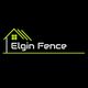 Logo with a house design and "Elgin Fence" text in green and white on a black background.