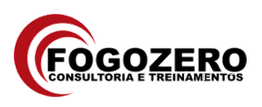 Logotipo da "Fogo Zero Consultoria e Treinamentos" com design em vermelho e preto.