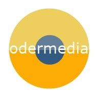 Gelbes und orangefarbenes Kreissymbol mit dem Wort "odermedia" in Weiß im Zentrum.