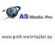 Logo mit blauer Weltkugel und Text "AS Media Pro". Darunter URL: www.profi-webmaster.eu.