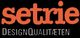 Schwarzes Logo mit orangefarbenem Schriftzug "setrie" und weißem Text "DesignQualitäten".