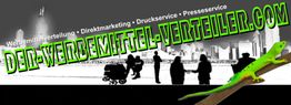 Kollage mit Skyline, Menschen, Schriftzug "DER-WERBEMITTEL-VERTEILER.COM" und grünem Gecko.