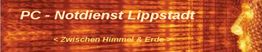 Text: "PC - Notdienst Lippstadt <Zwischen Himmel & Erde>", Hintergrund in Rot-Orange Tönen.