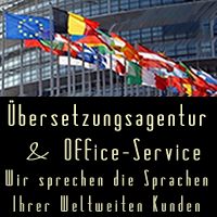 Flaggen und Text: "Übersetzungsagentur & Office-Service. Wir sprechen die Sprachen Ihrer Kunden."
