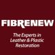 Logo of Fibrenew: "The Experts in Leather & Plastic Restoration" on a dark red background.