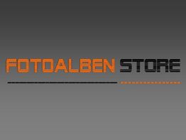 Der Text "FOTOALBEN STORE" ist in orange und schwarz auf grauem Hintergrund zu sehen.