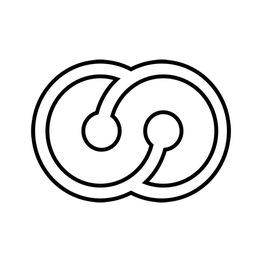 Schwarz-weißes Symbol mit zwei ineinander verschlungenen Kreisen auf weißem Hintergrund.