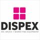 DISPEX-Logo mit magentafarbenen Quadraten. Text: XXL-Druck + Marketing Equipment.