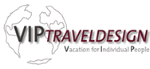 Logo mit "VIP Travel Design" und dem Slogan "Vacation for Individual People", Globus im Hintergrund.
