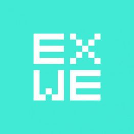 Quadratisches Logo mit weißem "EX WE"-Text auf türkisem Hintergrund.