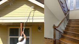 Person painting a house exterior alongside an indoor view of a wooden staircase.