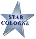 Silberner Stern mit blauem Text "Star Cologne".