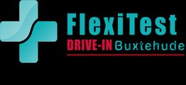 Logo mit blauem Kreuz und Schriftzug "FlexiTest Drive-In Buxtehude" auf schwarzem Hintergrund.
