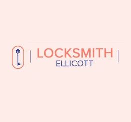 Logo with text "LOCKSMITH ELLICOTT" and a blue key with arrow in an oval on a peach background.