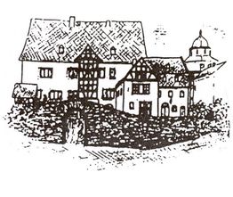 Strichzeichnung von Fachwerkhäusern mit einem Kirchturm im Hintergrund.
