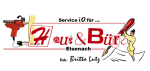 Logo mit Text "Haus & Büro" und Zeichnung einer Figur mit Stift. Bohrmaschine links.