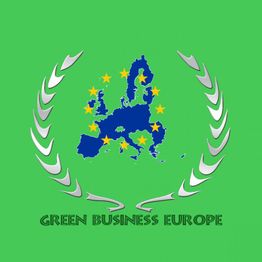 Karte Europas mit gelben Sternen, umrahmt von silbernen Blättern. Text: "Green Business Europe".