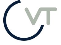 Logo mit den Buchstaben "VT" und einem halbkreisförmigen blauen Bogen links.