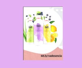 Tres botellas de jugo de aloe vera con frutas y hojas de aloe en un fondo violeta.