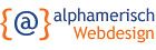 Logo mit "@", "alphamerisch" in Blau und "Webdesign" in Orange.