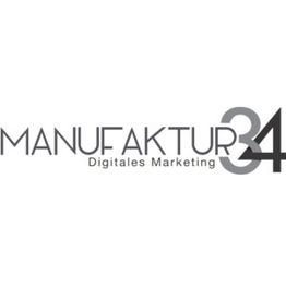Logo mit Schriftzug „MANUFAKTUR34 Digitales Marketing“ in Grautönen.