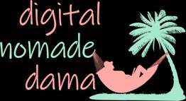 "Silhouette in hammock under palm. Text: 'digital nomade dama' in pastel colors."