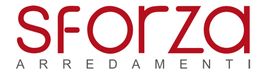 Logo Sforza Arredamenti con scritta rossa su sfondo bianco.