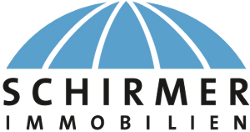 Logo von Schirmer Immobilien mit blauem Kuppeldach über dem Schriftzug in Schwarz.