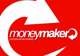 Logotipo de "moneymaker" con flechas y texto: "compra, vende, reutiliza" en fondo rojo.