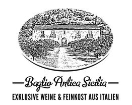 Zeichnung eines italienischen Landhauses, umgeben von Bäumen. Text: Baglio Antica Sicilia.