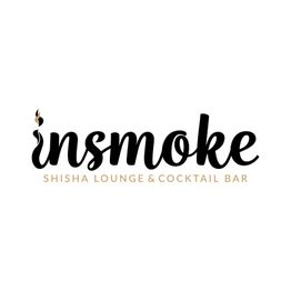 Insmoke-Logo mit Schriftzug "Shisha Lounge & Cocktail Bar" in Schwarz und Gold.