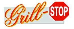 "Schriftzug 'Grill-STOP' mit rotem Stoppschild-Design."