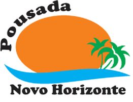 Logotipo da Pousada Novo Horizonte com sol, palmeiras e ondas estilizadas.