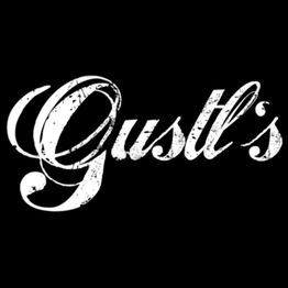 Schwarzes Hintergrundbild mit dem weißen, stilisierten Schriftzug "Gustl's".