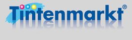 Logo mit dem Schriftzug "Tintenmarkt" und bunten Punkten darüber auf grauem Hintergrund.