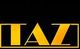 Schwarzer Hintergrund mit dem gelben Schriftzug "TAZ" in Großbuchstaben.