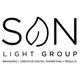 Logo with "SON Light Group," a leaf design inside "O," and tagline on branding and marketing.