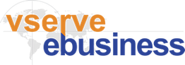 Logo with text "vserve ebusiness" overlaid on a world map silhouette.