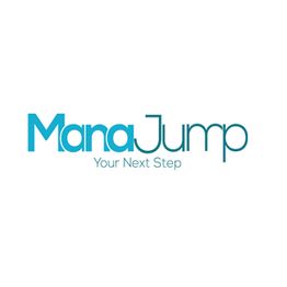 Logo mit blauem Text "ManaJump" und Untertitel "Your Next Step".