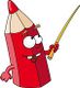 Cartoon red pencil with eyes and arms, holding a yellow pointer, smiling animatedly.