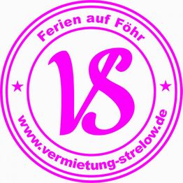 Logo mit Text "Ferien auf Föhr" und "www.vermietung-strelow.de" in pinkem Kreis.