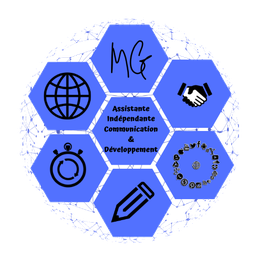 Hexagones bleus avec icônes: globe, poignée de main, chronomètre, crayon, médias sociaux.